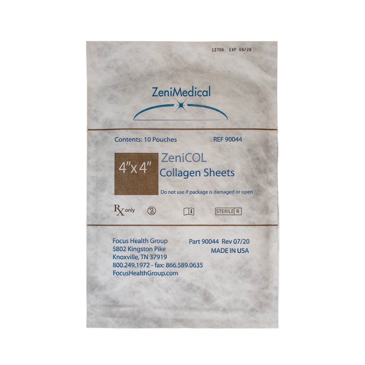 ZeniCOL Collagen Dressing 4 x 4 Inch Sterile Bovine Collagen Wound Dressing