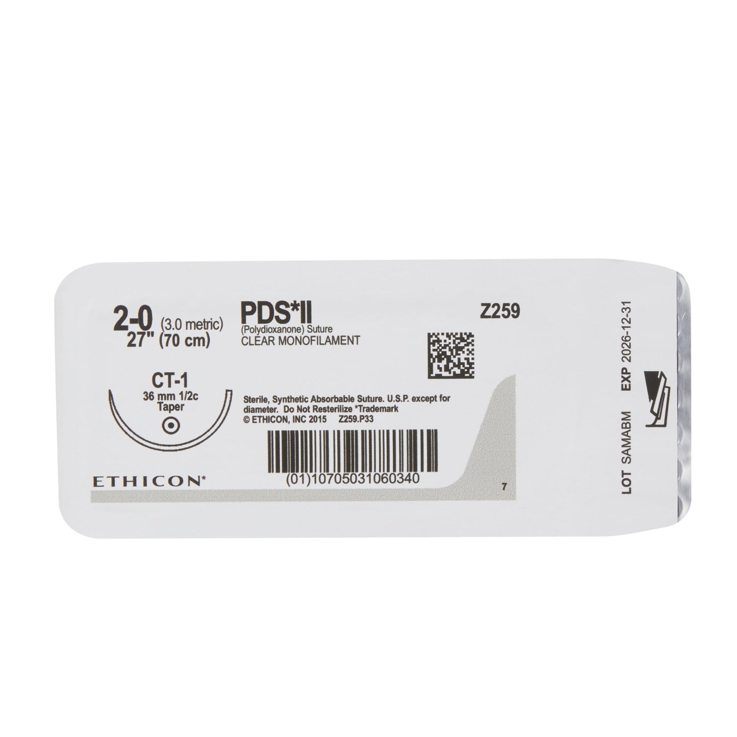 PDS II Polydioxanone Absorbable Monofilament Suture with CT-1 1/2 Circle Taper Point Needle Size 2-0, 27 Inch Sterile