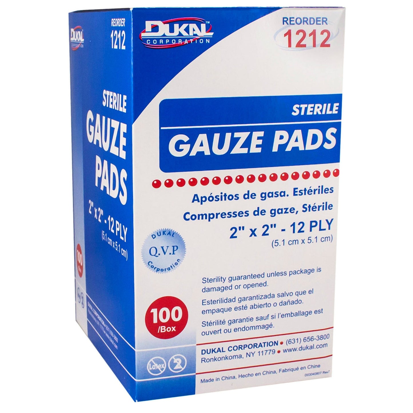 Dukal Sterile Gauze Sponge 2 x 2 Inch 12-Ply Cotton 1 per Pack