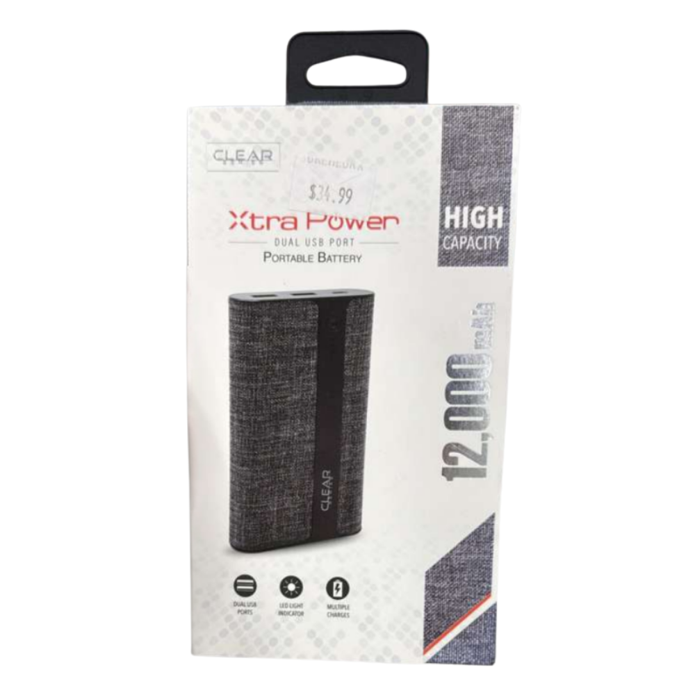 Clear Series GRAY Xtra Power Dual USB Portable Battery – 12,000mAh High-Capacity Power Bank