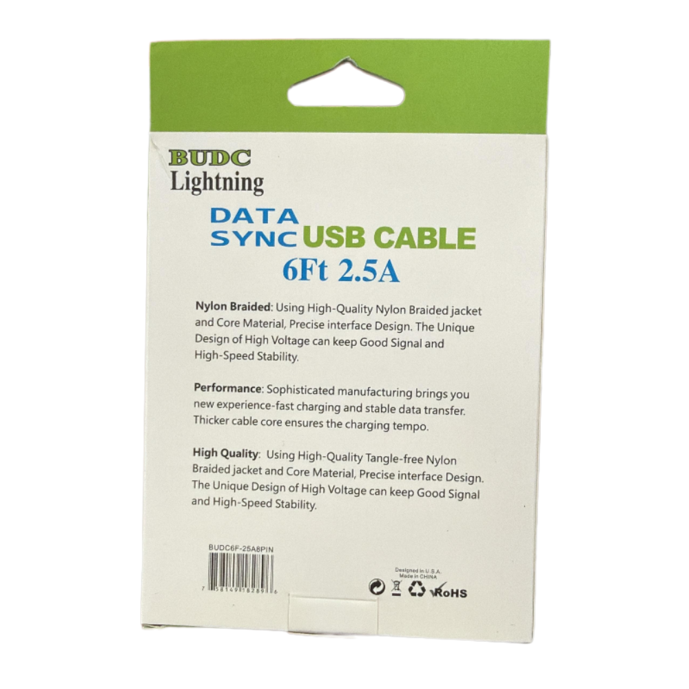 GEVEY BOX BUDC Lightning Data Sync USB Cable – 6Ft, 2.5A, Nylon Braided