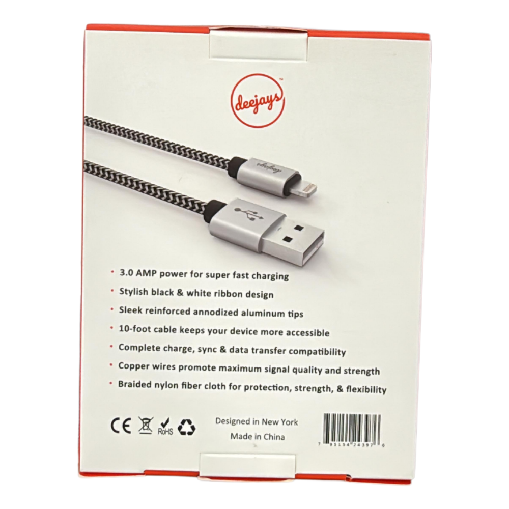 Deejays Ultra Flex Braided Lightning to USB Charge/Sync Cable 3.0A – 10 Ft