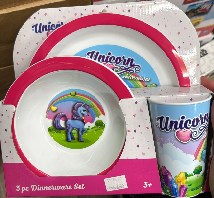 UPD Unicorn Rainbow Dinner Set for Kids – Pink Plate, Cup & Bowl (3-Piece, Open Box)