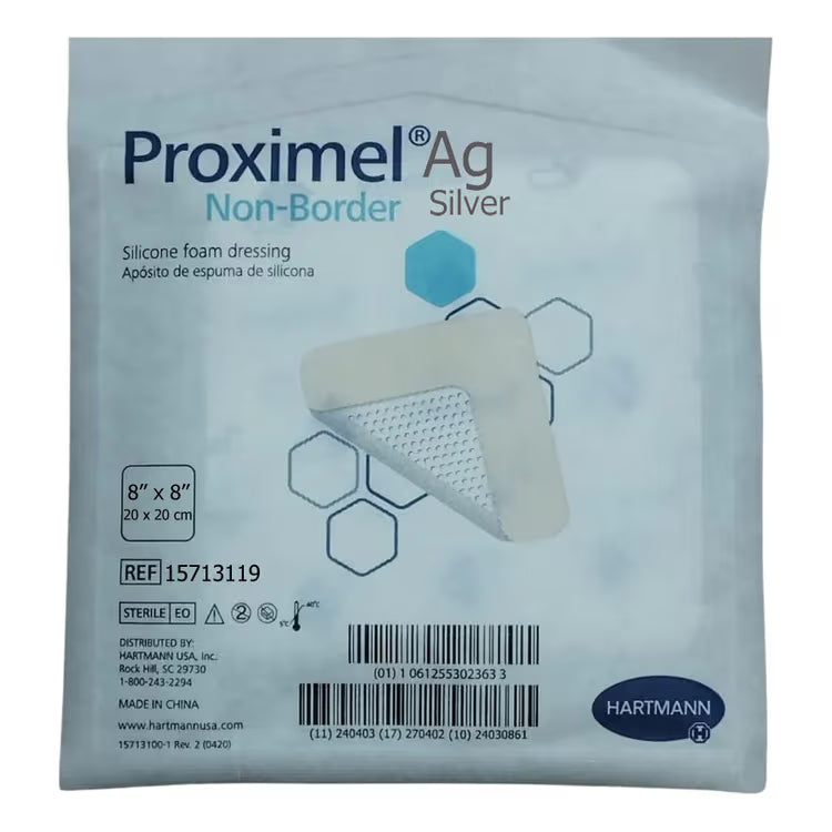 Proximel Ag Silver Foam Dressing 8 x 8 Inch Sterile Non-Border Silicone Adhesive Dressing