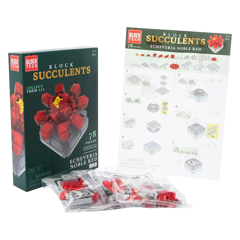 Block Tech Succulents Building Set – Echeveria Noble Red Plant Model, 78 Pieces, Ages 6+
