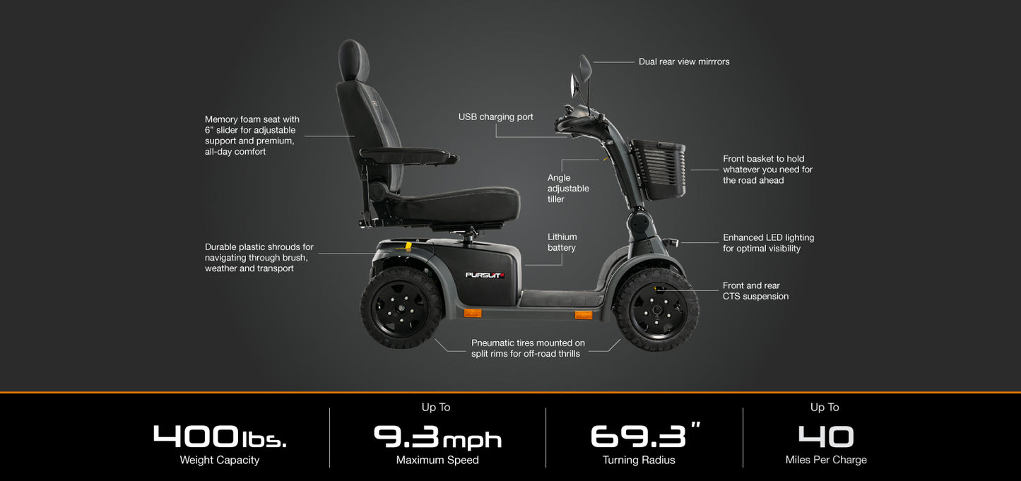 Pursuit 2 Outdoor Mobility Scooter – 9.3 MPH Speed, 40-Mile Range, Pneumatic Tires for Adventures on Any Terrain with 50AH Lithium