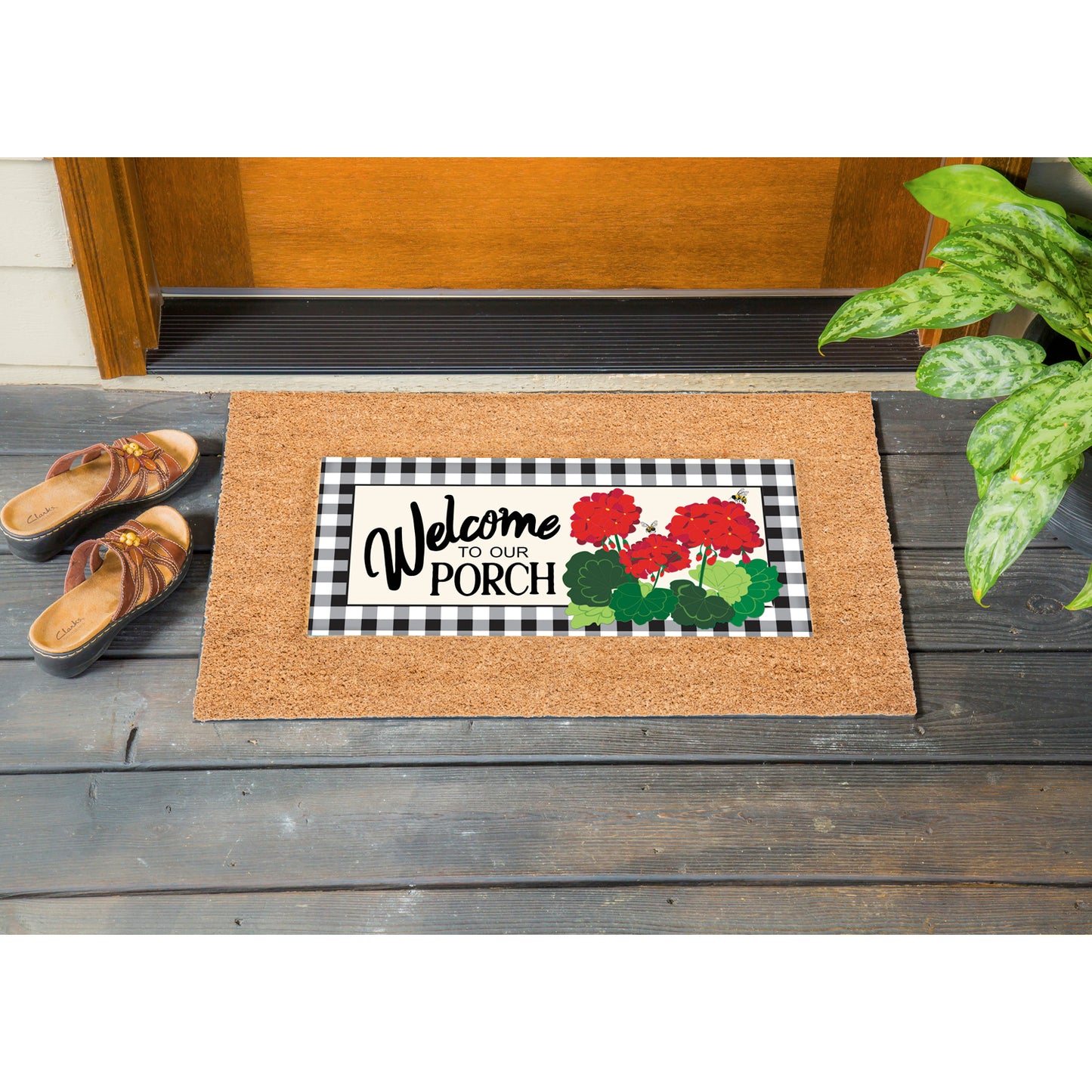 Inviting Welcome Our Porch Geraniums Sassafras Switch Mat Exclusively for Sassafras Bases