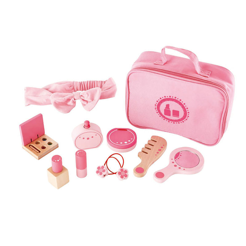 Hape Beauty Belongings Pretend Play Kit with Hair Brush, Mirror, Lipstick, Hairdryer, Nail Polish, and Powder in a Stylish Pink Bag