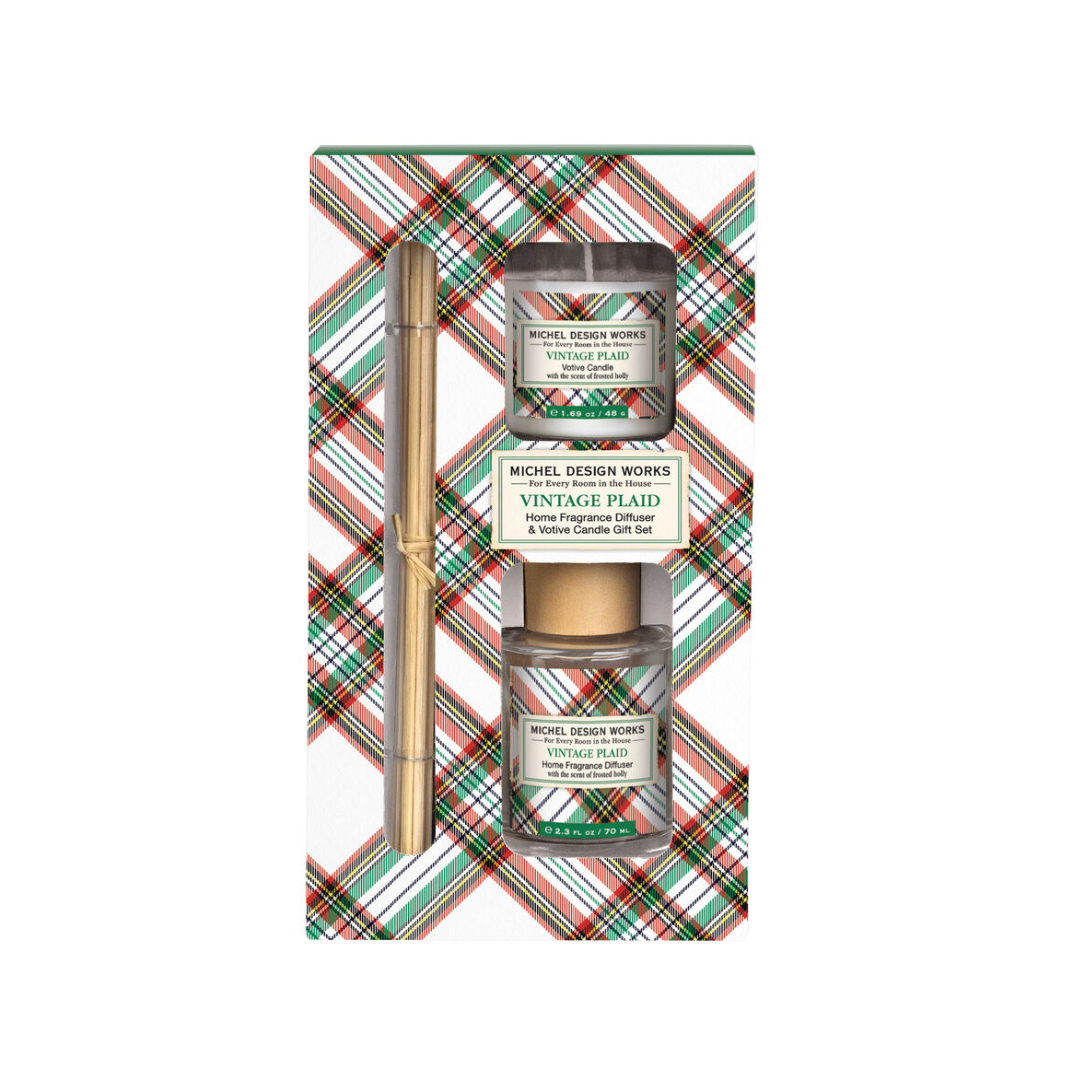 Vintage Plaid Home Fragrance Diffuser & Votive Candle Gift Set