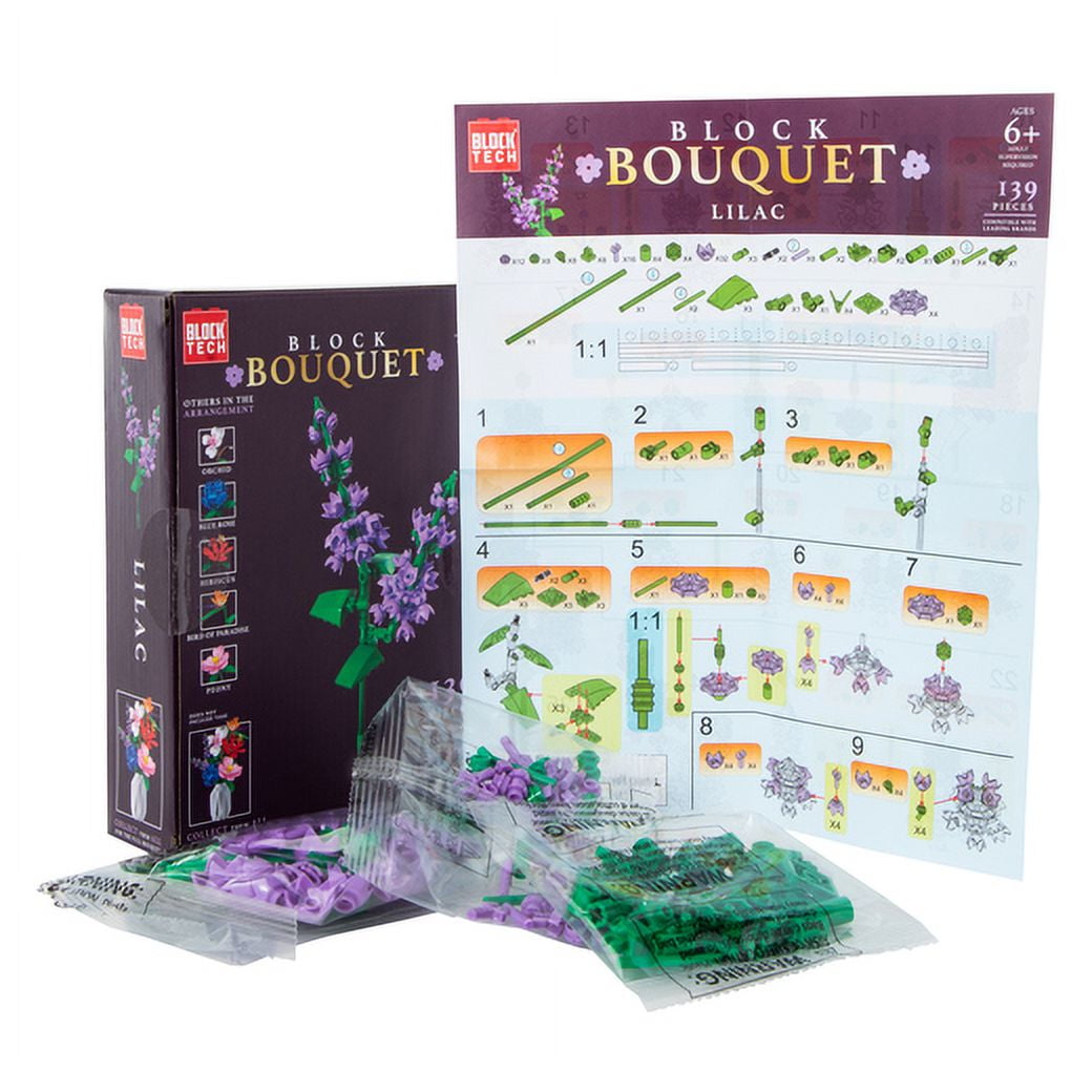 Block Tech Compatible Lilac Flower Bouquet Building Set – 139 Pieces Floral Brick Kit, Ages 6+