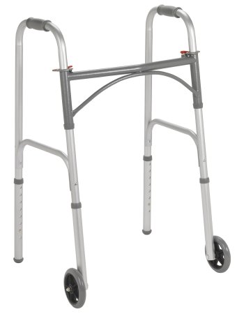 Dual Release Folding Walker with Wheels Adjustable Height drive Steel Frame 350 lbs. Weight Capacity 32 to 39 Inch Height