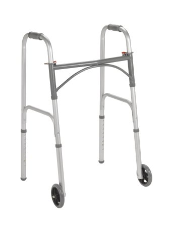 Dual Release Folding Walker with Wheels Adjustable Height Steel Frame 350 lbs. Weight Capacity 21 to 32 Inch Height