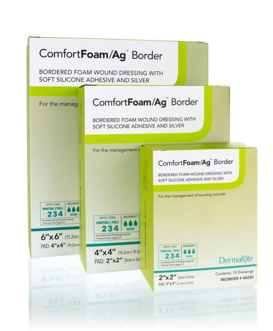 Silver Foam Dressing ComfortFoam/Ag Border – 2 x 2 Inch Square, Sterile