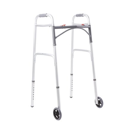 Dual Release Folding Walker with Wheels Adjustable Height McKesson Aluminum Frame 350 lbs. Weight Capacity 32 to 39 Inch Height