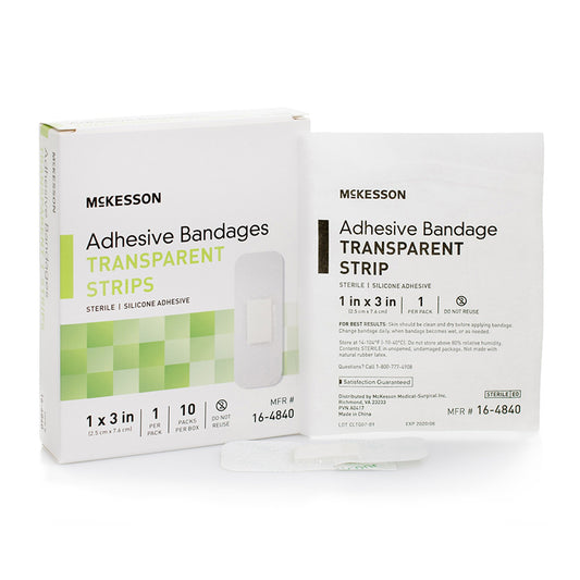 McKesson Waterproof Silicone Adhesive Strip 1 x 3 Inch Sterile Sheer Bandage