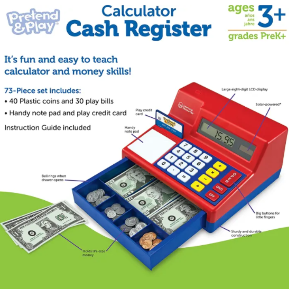 Learning Resources Pretend & Play Calculator Cash Register – 73-Piece Toy Cash Register with Play Money, Ages 3+