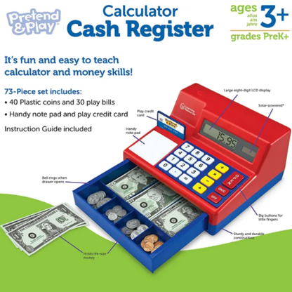 Learning Resources Pretend & Play Calculator Cash Register – 73-Piece Toy Cash Register with Play Money, Ages 3+