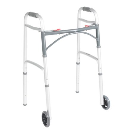 Dual Release Folding Walker with Wheels Adjustable Height McKesson Aluminum Frame 350 lbs. Weight Capacity 25 to 32-1/4 Inch Height