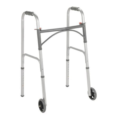 Dual Release Folding Walker with Wheels Adjustable Height McKesson Steel Frame 350 lbs. Weight Capacity 32 to 39 Inch Height