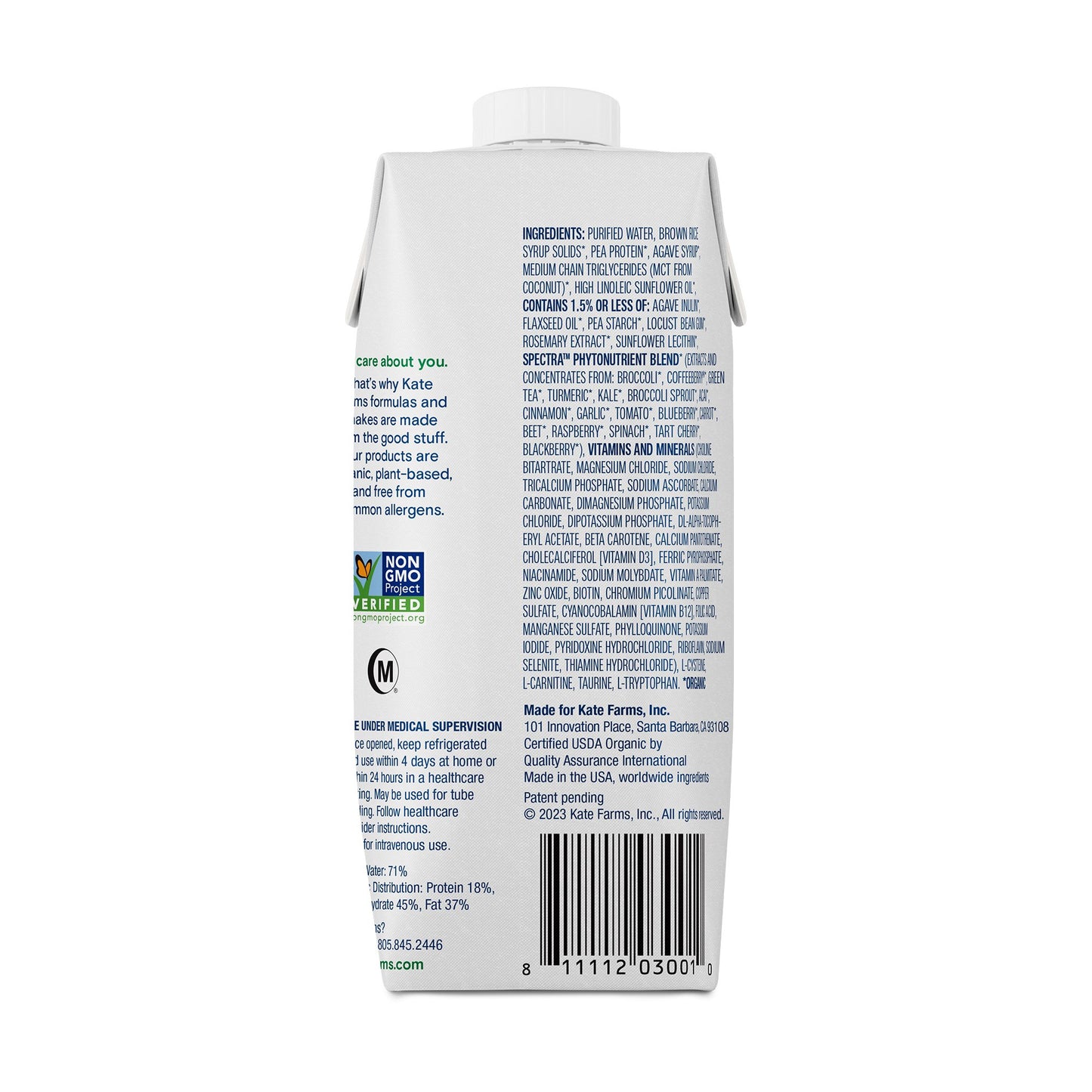 Kate Farms Standard 1.4 Plain Flavor Liquid 11 oz Carton Plant-Based High Calorie Oral Supplement