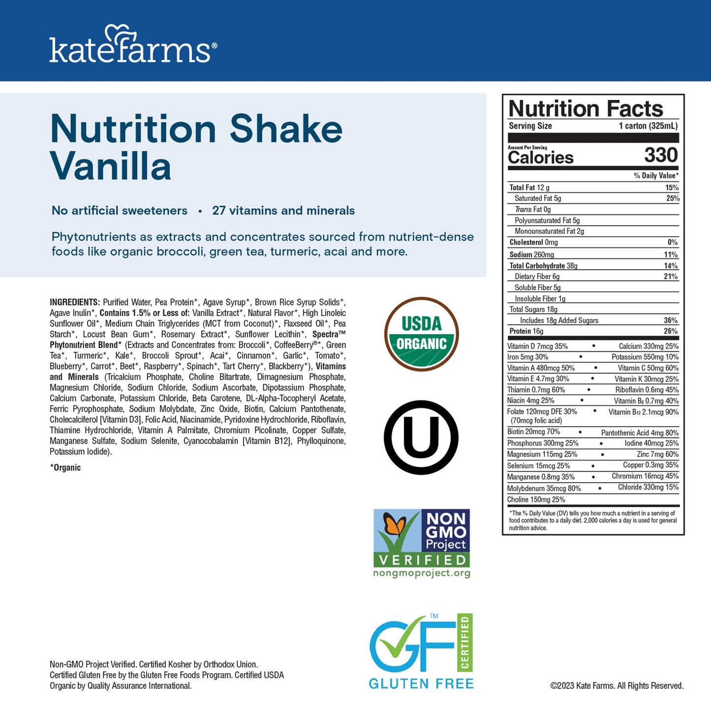 Kate Farms Nutrition Shake Vanilla Flavor Liquid 11 oz Carton Plant-Based Supplement