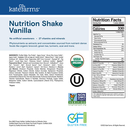 Kate Farms Nutrition Shake Vanilla Flavor Liquid 11 oz Carton Plant-Based Supplement