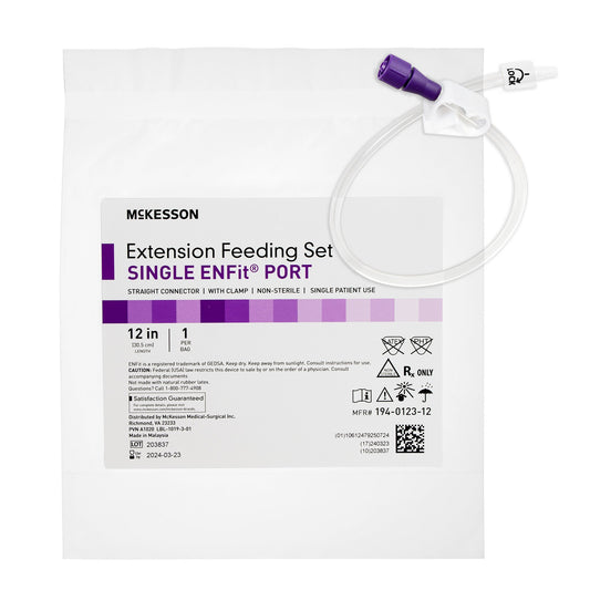 McKesson Bolus Enteral Feeding Extension Tube Set 12 Inch ENFit Secure Lock Straight Connector with Clamp NonSterile