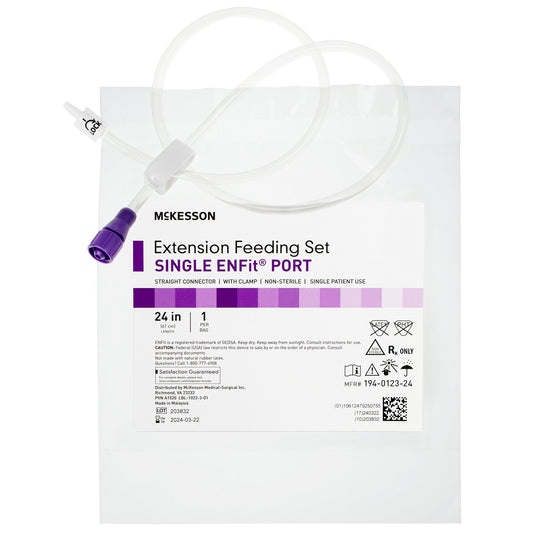 McKesson Bolus Enteral Feeding Extension Tube Set 24 Inch ENFit Secure Lock Straight Connector with Clamp NonSterile