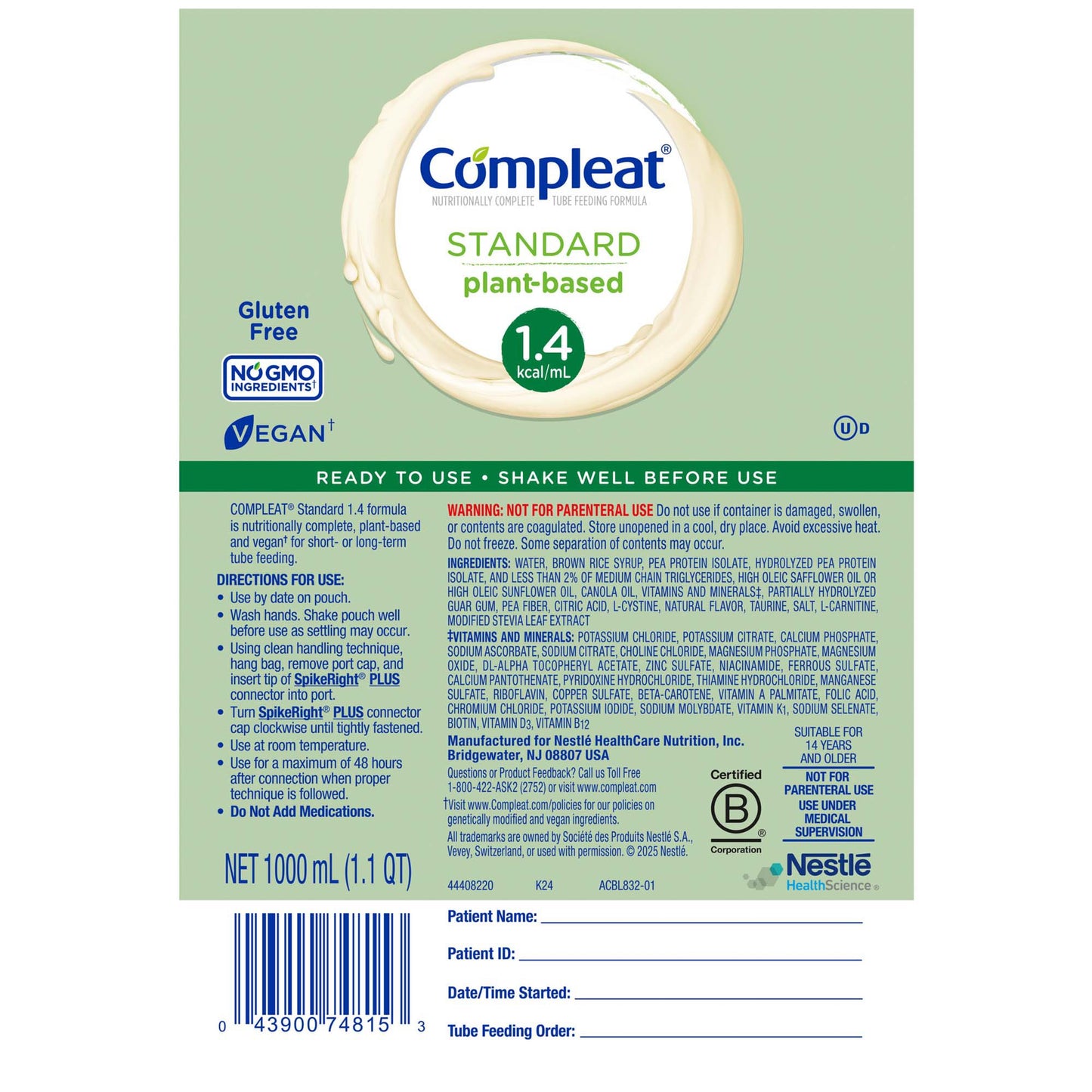 Compleat Standard 1.4 Cal Tube Feeding Formula Vanilla 1000 mL Ready-to-Hang Plant-Based Nutrition