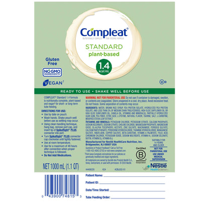 Compleat Standard 1.4 Cal Tube Feeding Formula Vanilla 1000 mL Ready-to-Hang Plant-Based Nutrition