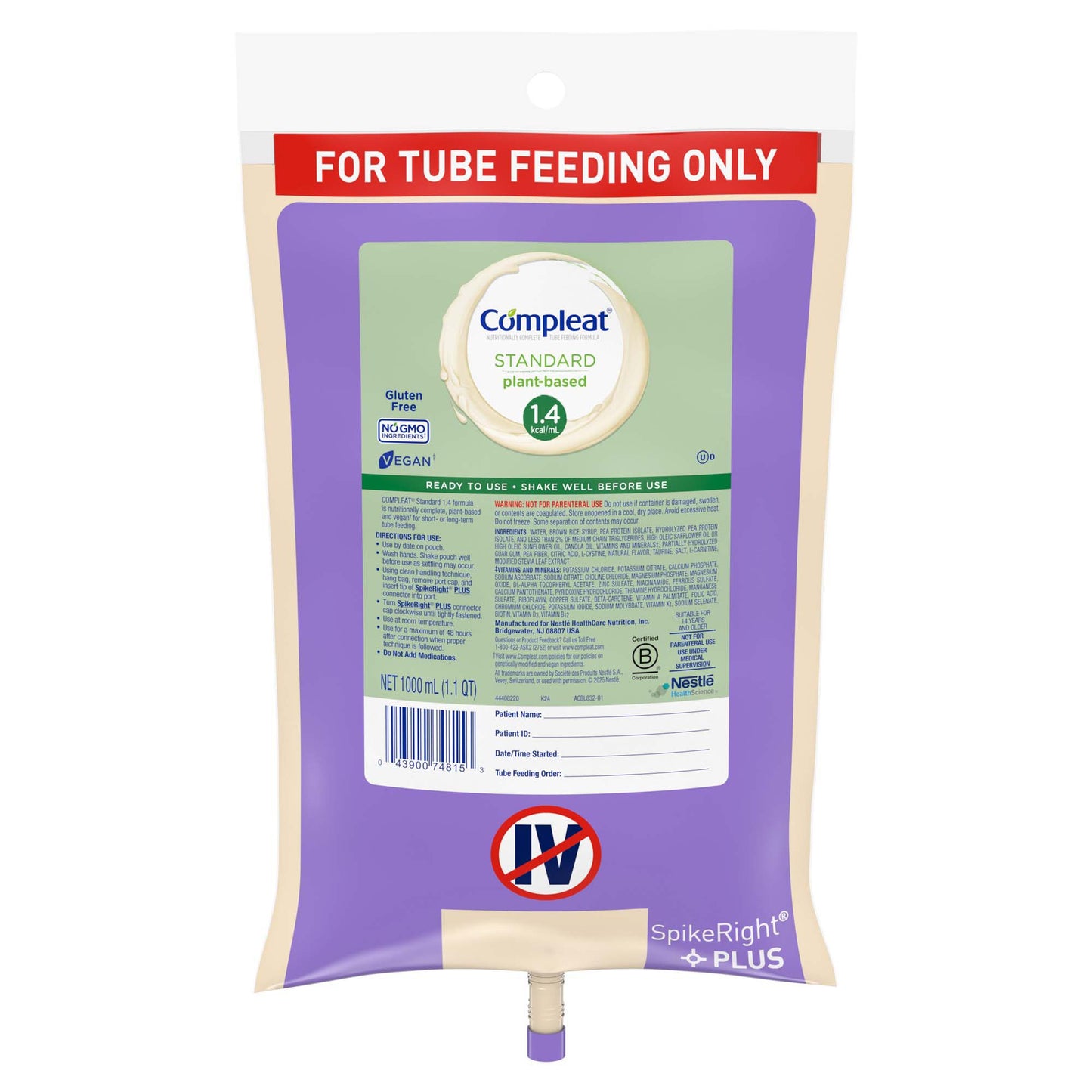 Compleat Standard 1.4 Cal Tube Feeding Formula Vanilla 1000 mL Ready-to-Hang Plant-Based Nutrition