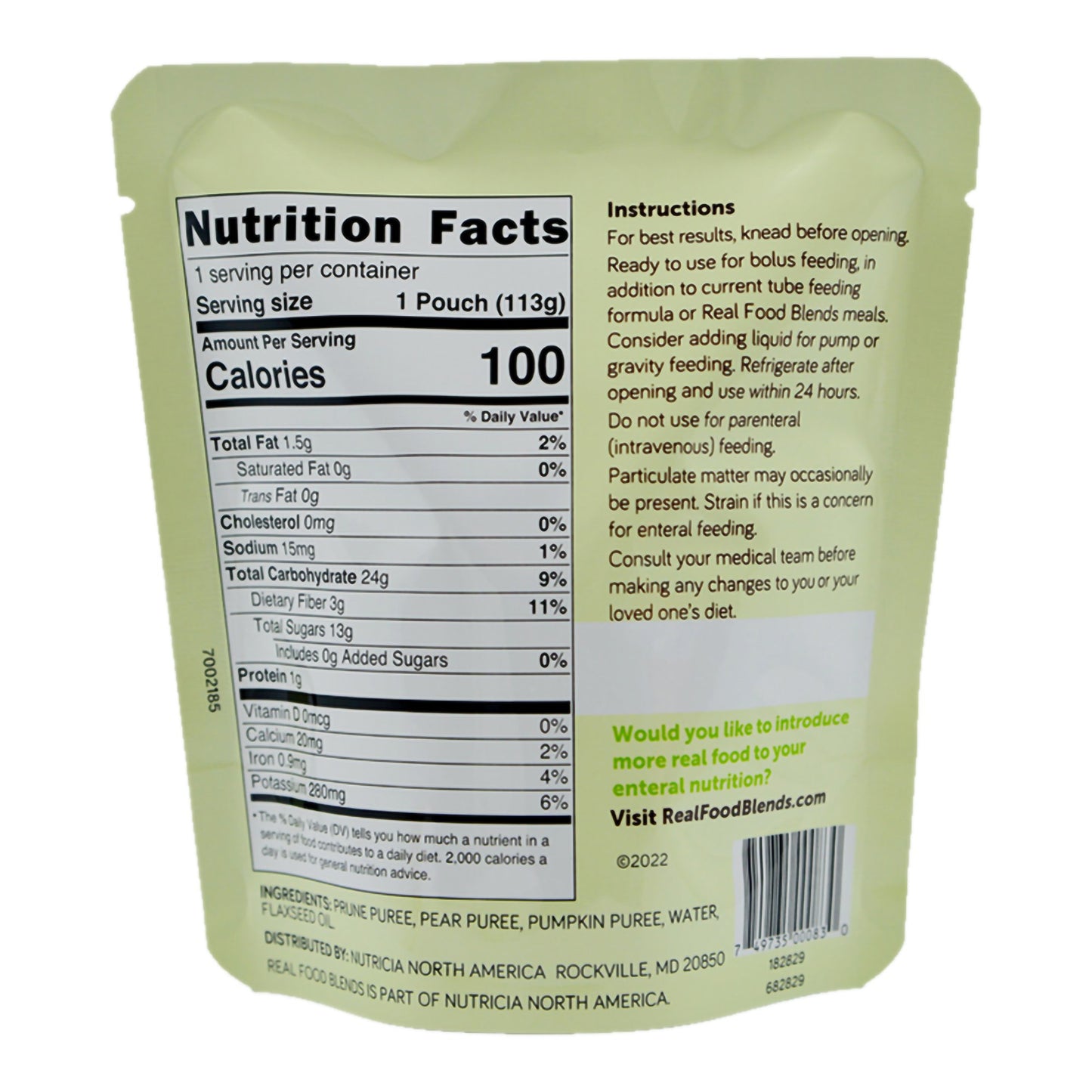 Real Food Blends Mini Prunes Pears Pumpkin Tube Feeding Formula 4 oz Pouch