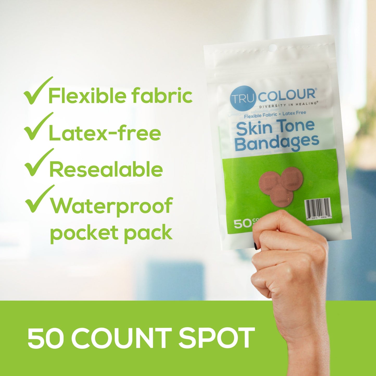 Tru-Colour Waterproof Adhesive Spot Bandages Olive Fabric Sterile