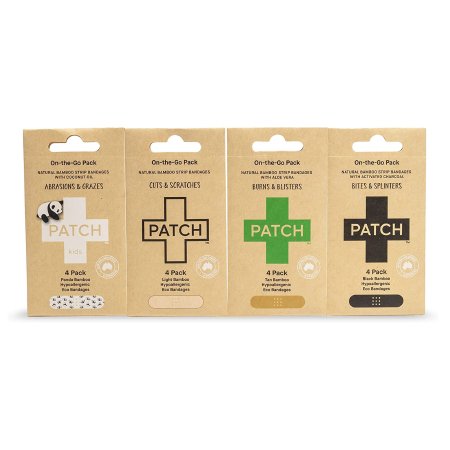 Adhesive Strip Patch On The Go Sample Pack 3/4 X 3 Inch Bamboo / Activated Charcoal / Coconut Oil / Aloe Vera Rectangle Tan Sterile