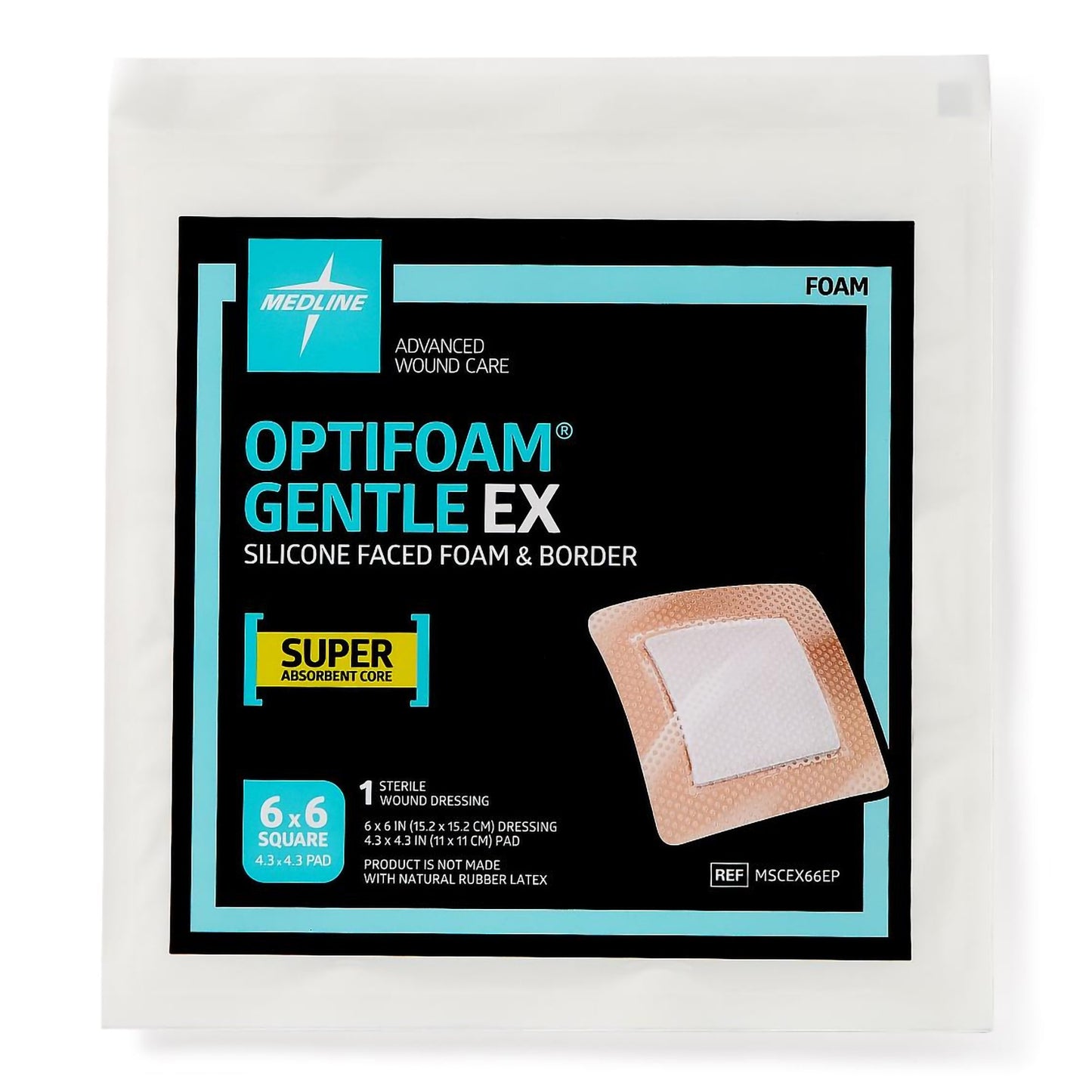 Optifoam Gentle EX Foam Dressing, 6 x 6 Inch, Sterile, Silicone Face & Border, Waterproof Backing