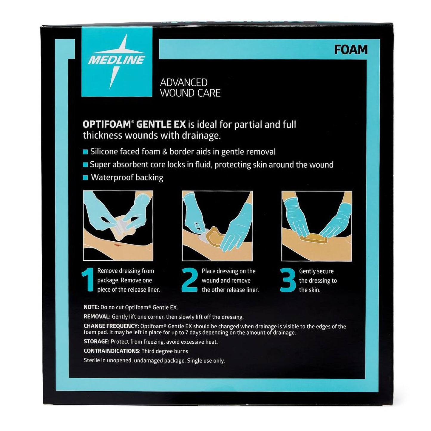 Optifoam Gentle EX Foam Dressing, 6 x 6 Inch, Sterile, Silicone Face & Border, Waterproof Backing