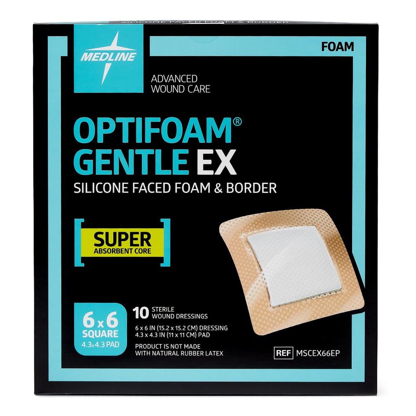 Optifoam Gentle EX Foam Dressing, 6 x 6 Inch, Sterile, Silicone Face & Border, Waterproof Backing