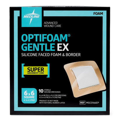 Optifoam Gentle EX Foam Dressing, 6 x 6 Inch, Sterile, Silicone Face & Border, Waterproof Backing