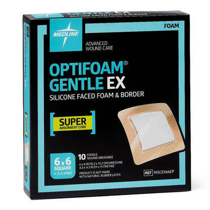 Optifoam Gentle EX Foam Dressing, 6 x 6 Inch, Sterile, Silicone Face & Border, Waterproof Backing