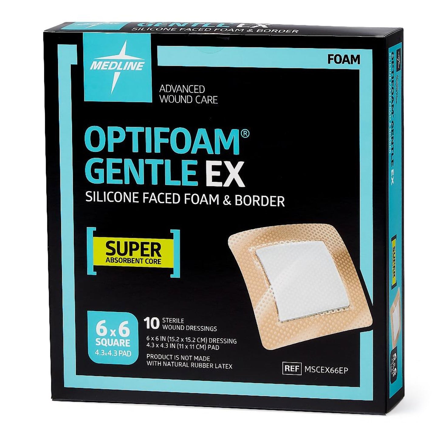 Optifoam Gentle EX Foam Dressing, 6 x 6 Inch, Sterile, Silicone Face & Border, Waterproof Backing
