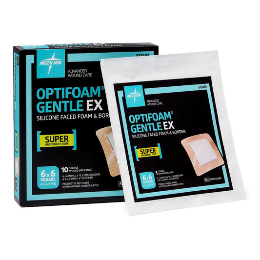 Optifoam Gentle EX Foam Dressing, 6 x 6 Inch, Sterile, Silicone Face & Border, Waterproof Backing