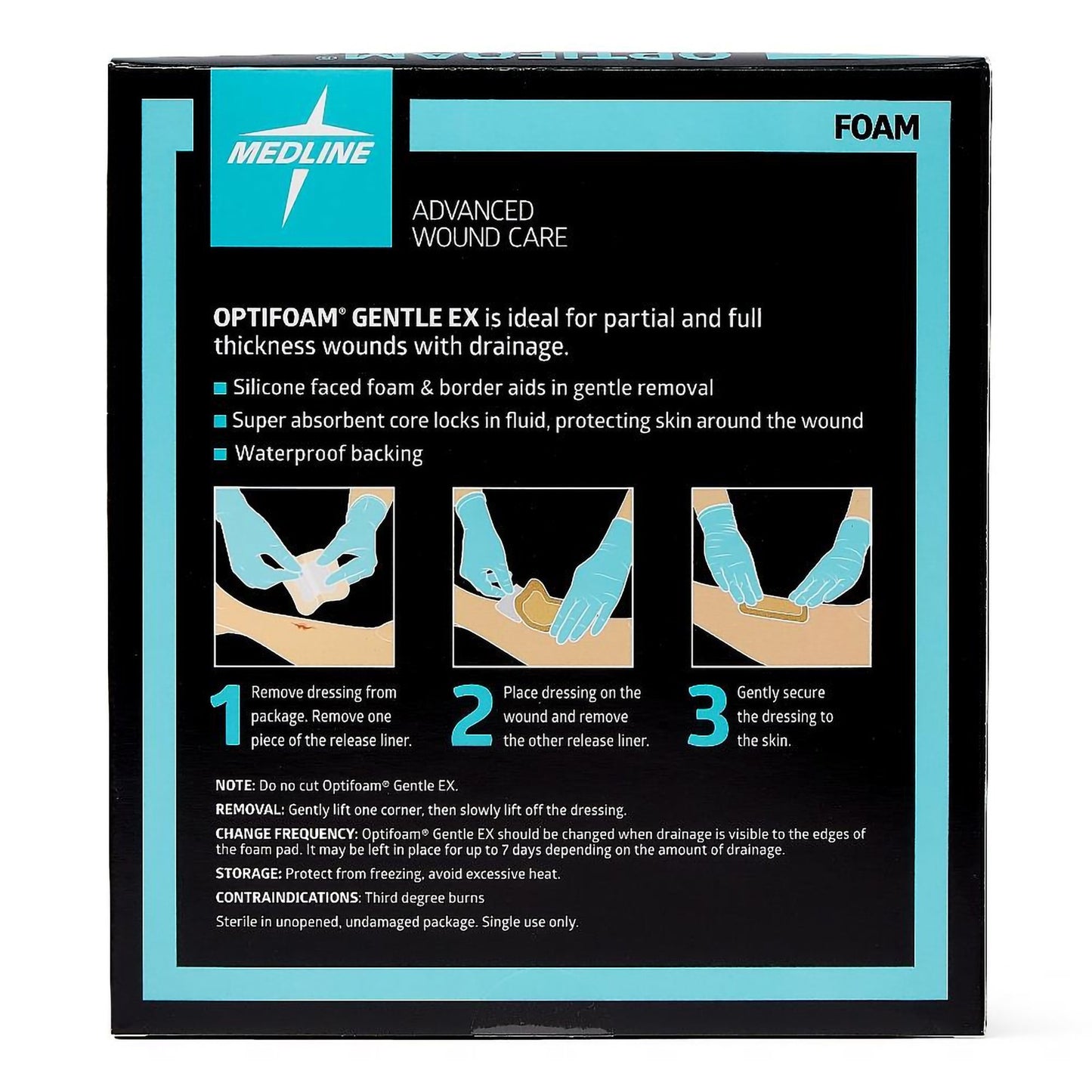 Optifoam Gentle EX Foam Dressing, 4 x 4 Inch, Sterile, Silicone Face & Border, Waterproof Backing