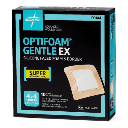 Optifoam Gentle EX Foam Dressing, 4 x 4 Inch, Sterile, Silicone Face & Border, Waterproof Backing