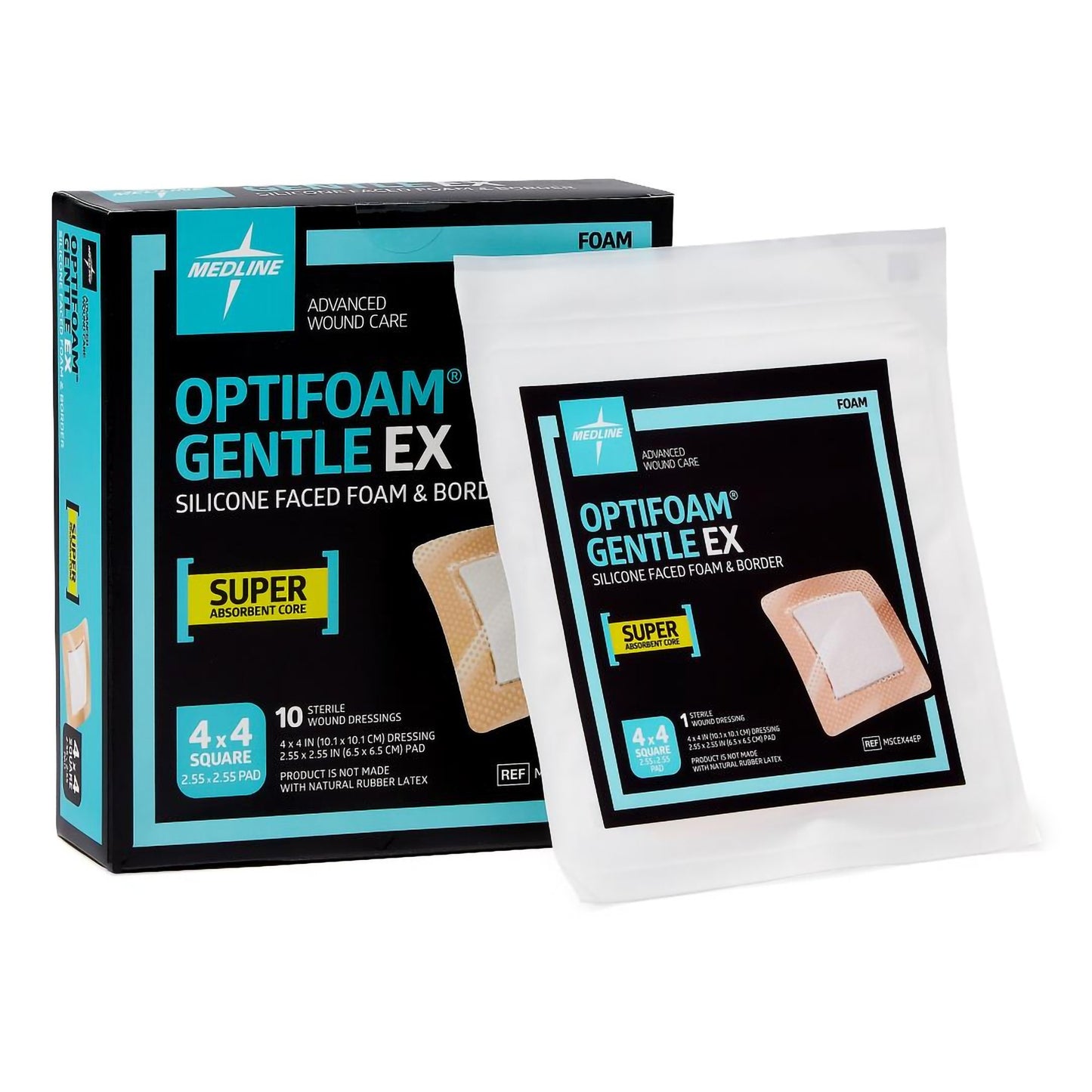 Optifoam Gentle EX Foam Dressing, 4 x 4 Inch, Sterile, Silicone Face & Border, Waterproof Backing