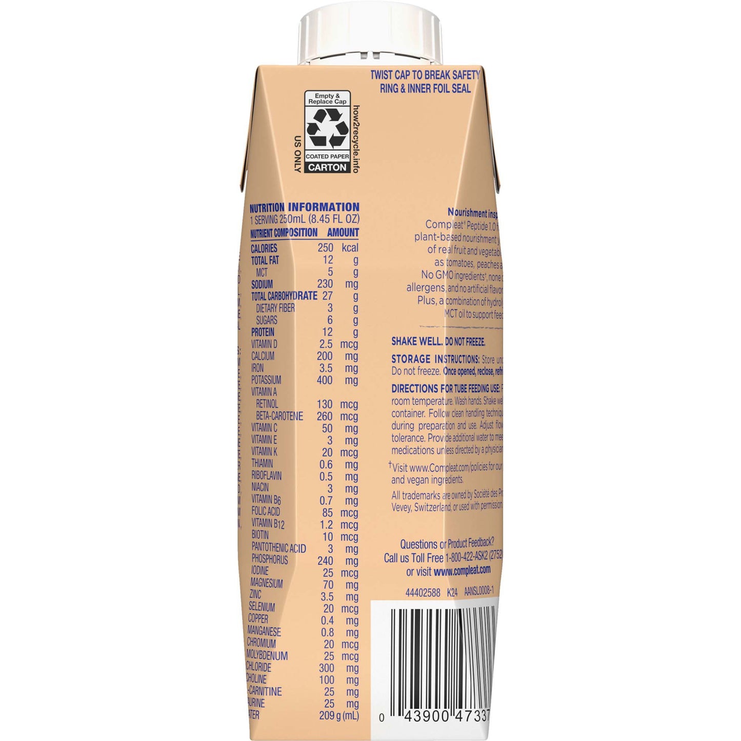 Compleat Peptide 1.0 Tube Feeding Formula Vegetable & Fruit Medley 250 mL Carton – Plant-Based Liquid Nutrition
