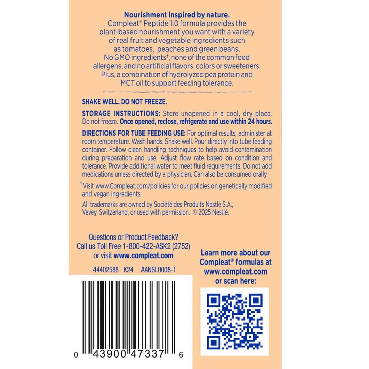 Compleat Peptide 1.0 Tube Feeding Formula Vegetable & Fruit Medley 250 mL Carton – Plant-Based Liquid Nutrition