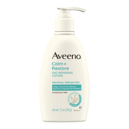 Hand and Body Moisturizer Aveeno Calm + Restore Oat Replenishing Lotion 12 oz. Pump Bottle Unscented Lotion