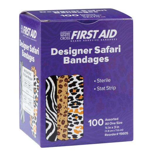 American White Cross First Aid Plastic Adhesive Strips Designer Safari Kid Design 3/4 x 3 Inch Sterile Bandages