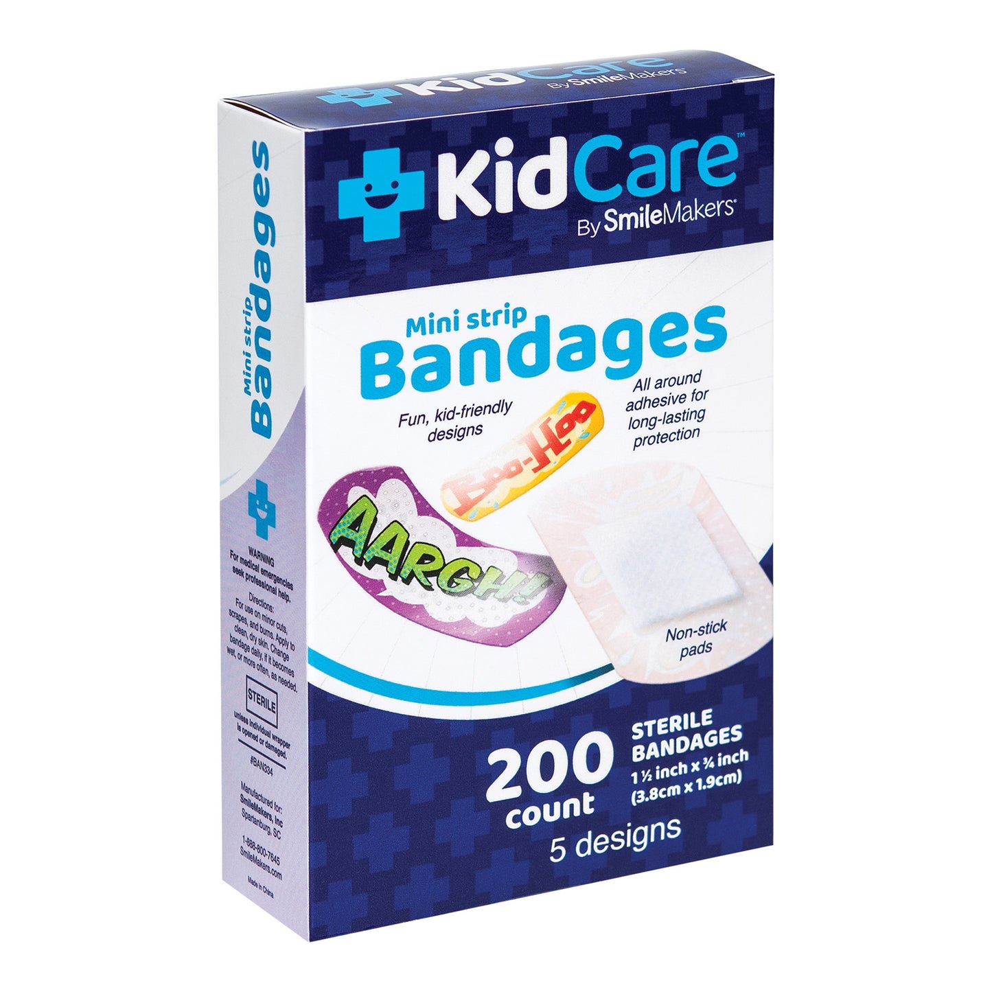 KidCare Plastic Adhesive Strips Assorted Prints 3/4 x 1-1/2 Inch Sterile Mini Pediatric Bandages