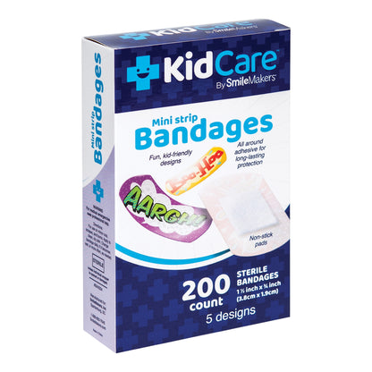 KidCare Plastic Adhesive Strips Assorted Prints 3/4 x 1-1/2 Inch Sterile Mini Pediatric Bandages